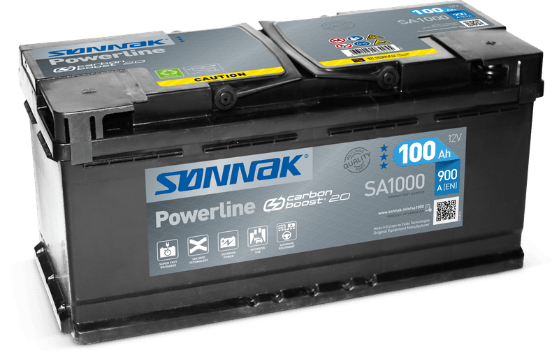 Sønnak Powerline SA1000 100Ah bilbatteri. Høy kaldstartstrøm! 900 EN/CCA