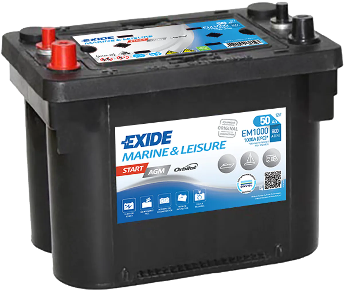 EXIDE AGM EM1000 50Ah høy kaldstart 800 CCA  Marine og fritid batteri. DNV- godkjent batteri