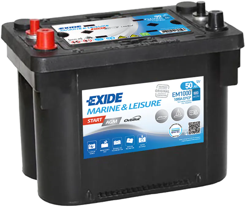 EXIDE AGM EM1000 50Ah høy kaldstart 800 CCA  Marine og fritid batteri. DNV- godkjent 
